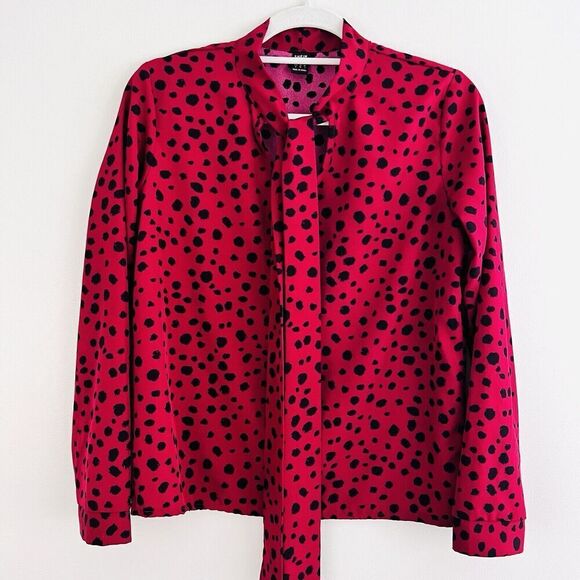🎉Clearance🎉SheIn Hot Pink & Black Splash Polka Dot Tie Collar Blouse Small - Picture 1 of 8